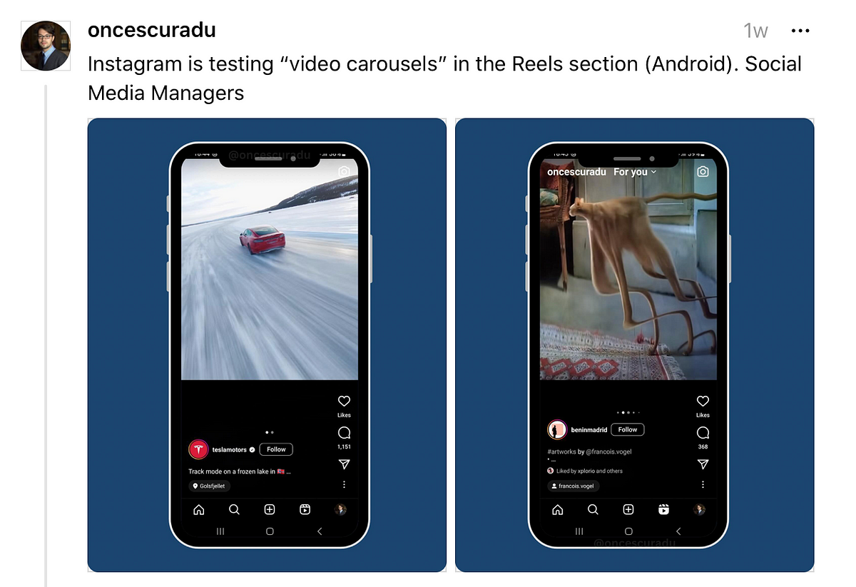 Instagram is experimenting with carousel posts integrated into the Reels feed.